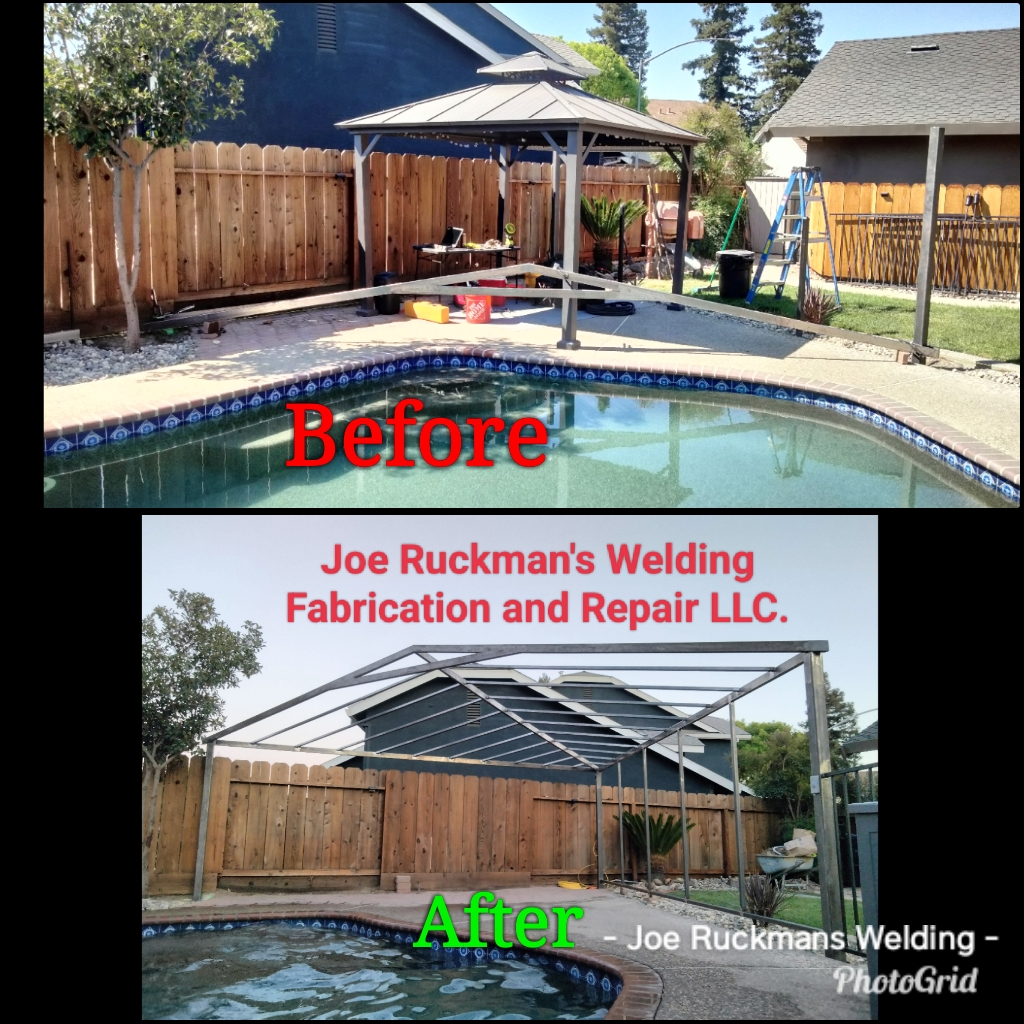 A custom steel frame built over a backyard swimming pool, shown before and during fabrication