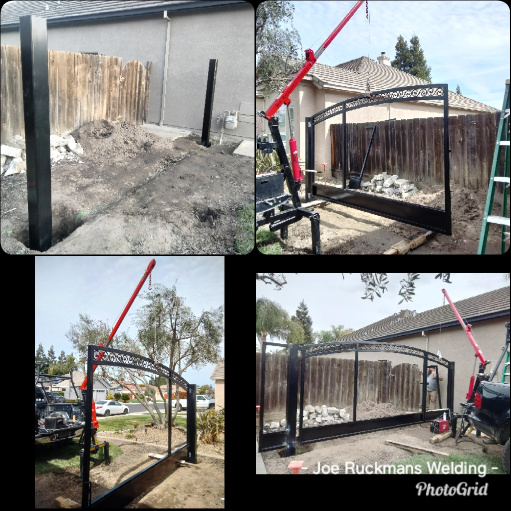 A custom black steel driveway gate shown during installation in a four-photo collage